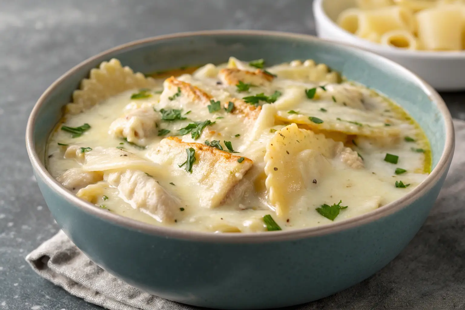 White Chicken Lasagna Soup Recipe 1 Creamy white chicken lasagna soup topped with melted cheese.