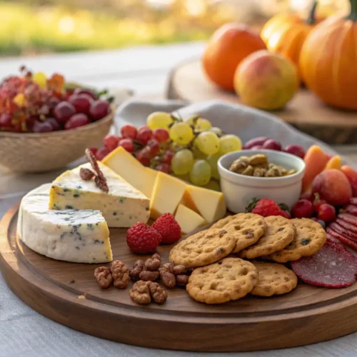 Autumn Food Board Inspiration for Fall Gatherings 2 Close-up of an Autumn Food Board with cheeses, meats, and cookies.