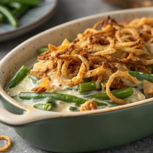 Best Southern Green Bean Casserole Recipes 2 Close-up of green bean casserole with crispy onions on top