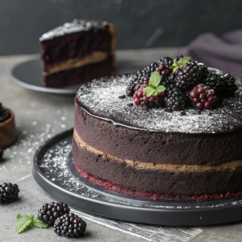 Black Velvet Halloween Cake Recipe 2 Close-up of Black Velvet Halloween Cake with blackberry compote.