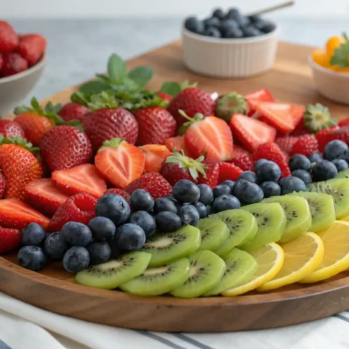 Colorful brunch fruit board with various fruits on a platter.