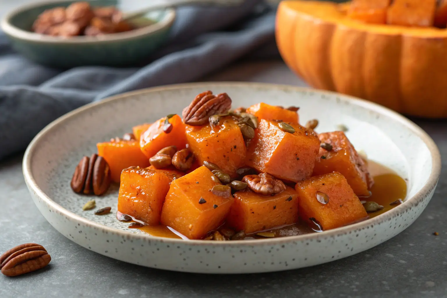 Roasted butternut squash with maple syrup and pecans.