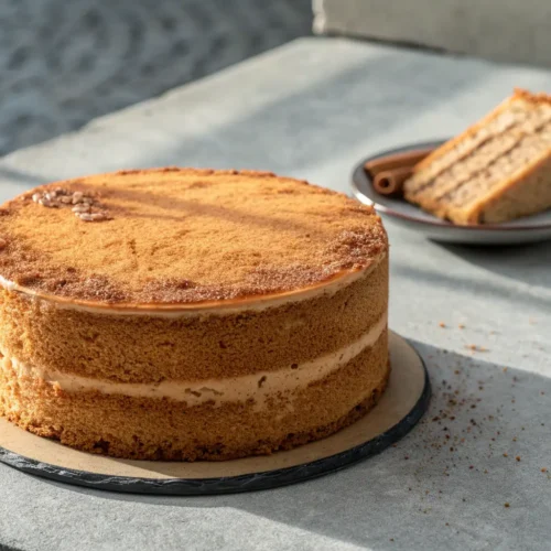 Close-up of chai cake with brown sugar on gray concrete background.