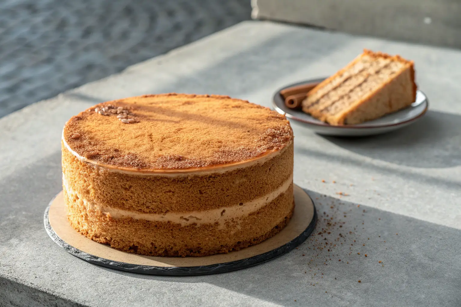 Close-up of chai cake with brown sugar on gray concrete background.