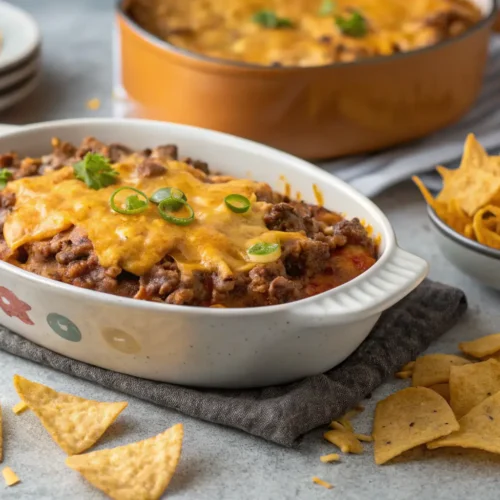 Cheesy baked beef casserole with tortilla chips on gray table.