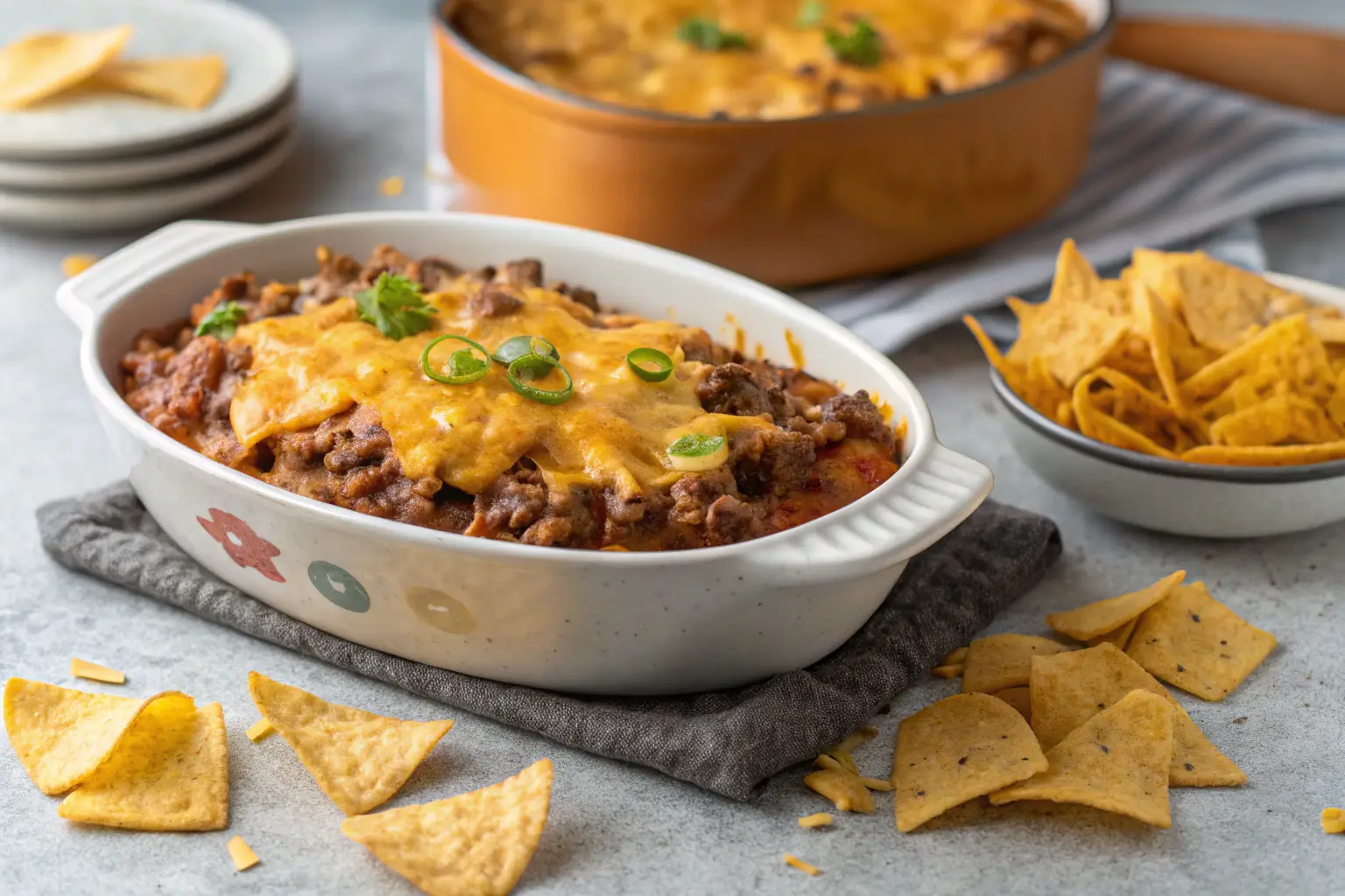 Cheesy baked beef casserole with tortilla chips on gray table.