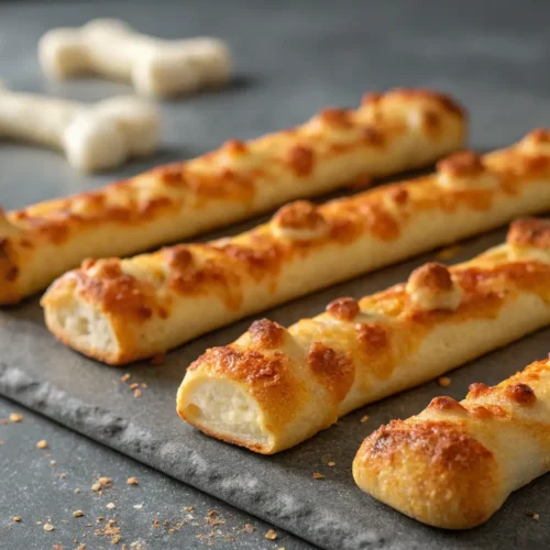 Cheesy Halloween breadstick bones on a gray tabletop.