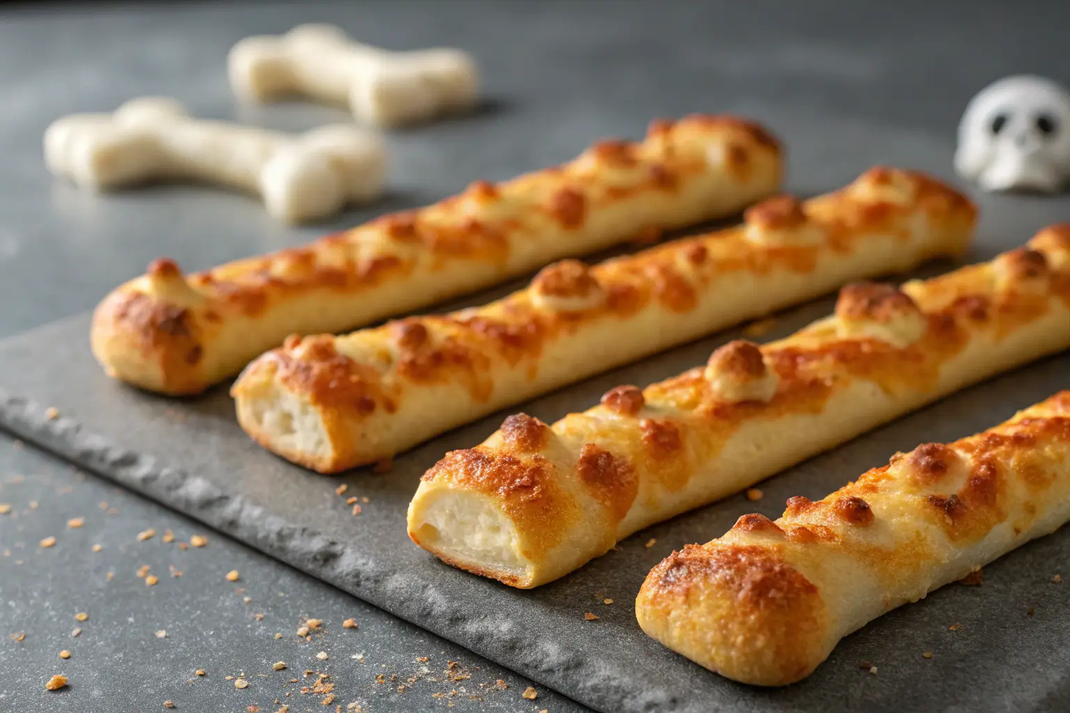 Cheesy Halloween breadstick bones on a gray tabletop.