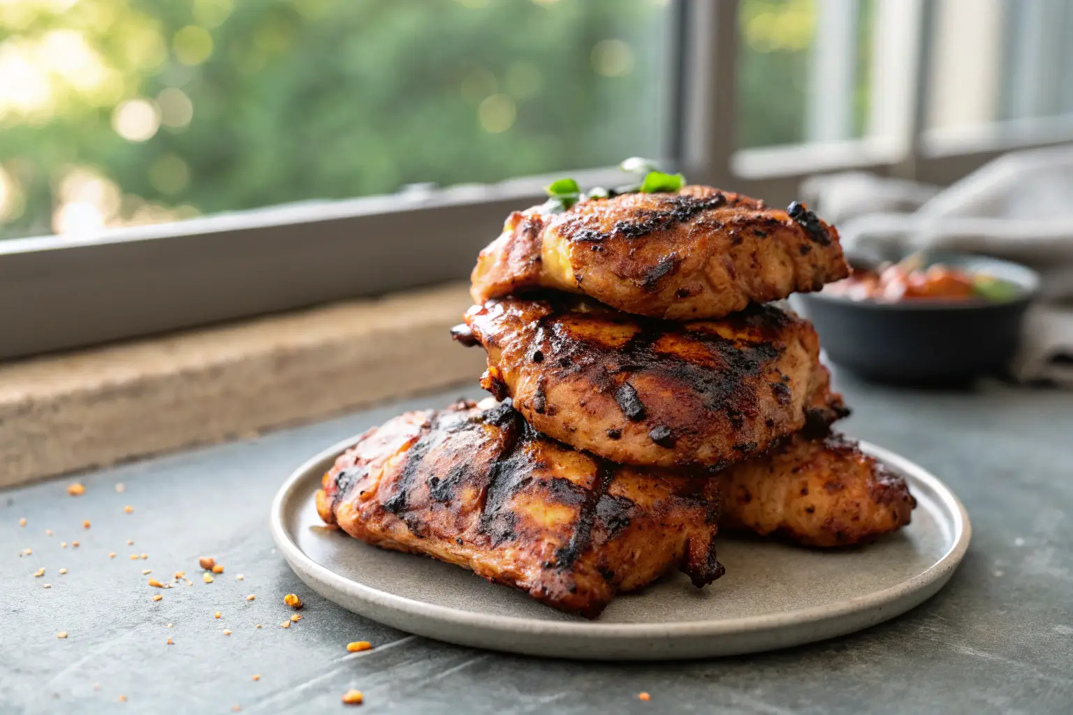 grilled pollo asado chipotle chicken thighs close-up on gray tabletop