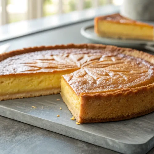 Close-up of a Classic French Butter Cake on a gray surface.