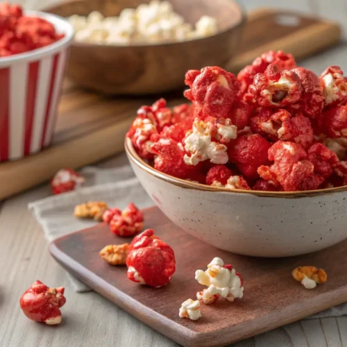 Food Coloring Popcorn for Halloween Parties 2 Colorful red food coloring popcorn clusters on a tabletop.