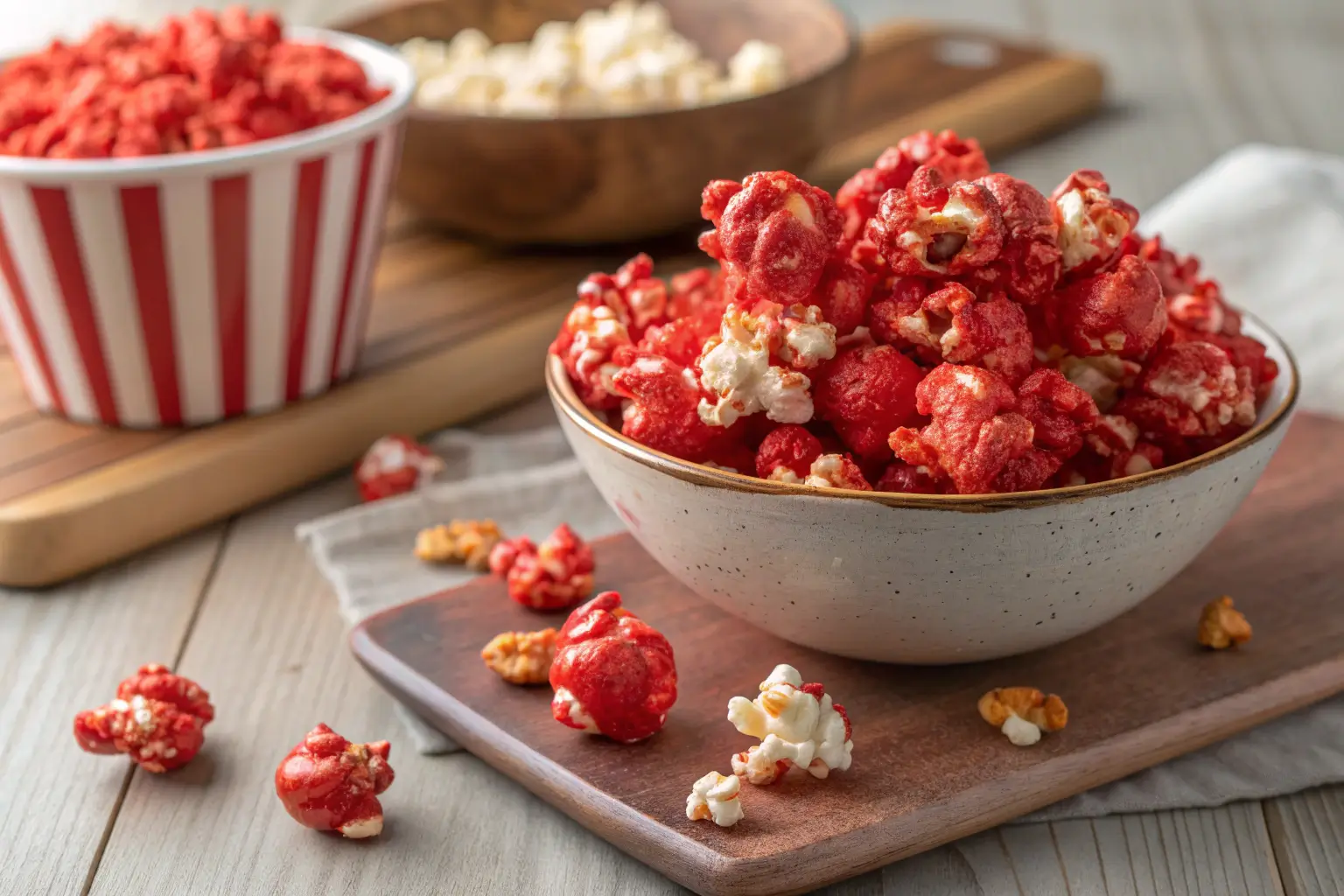 Colorful red food coloring popcorn clusters on a tabletop.