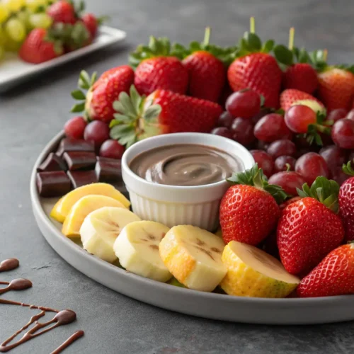 Close-up of a colorful fruit platter with chocolate and dip