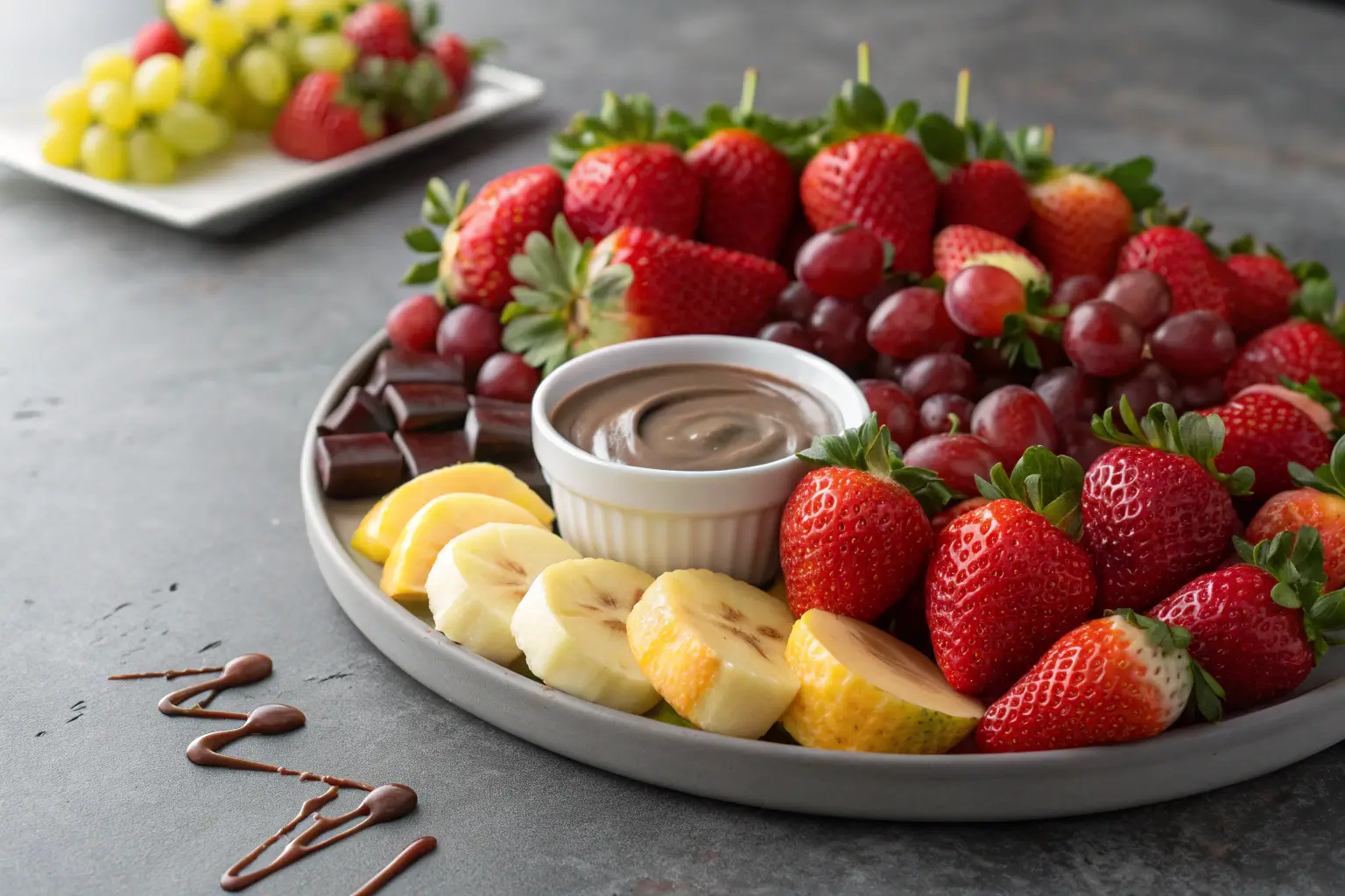 Close-up of a colorful fruit platter with chocolate and dip