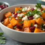 Roasted butternut squash with cranberries and feta cheese.