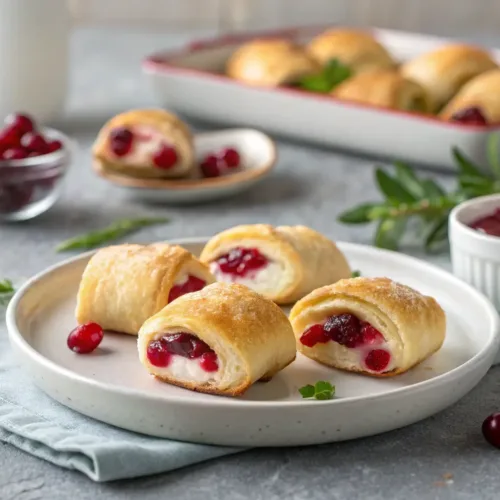 Cranberry Cream Cheese Crescent Bites 2 Golden-brown cranberry cream cheese crescent bites on a table.