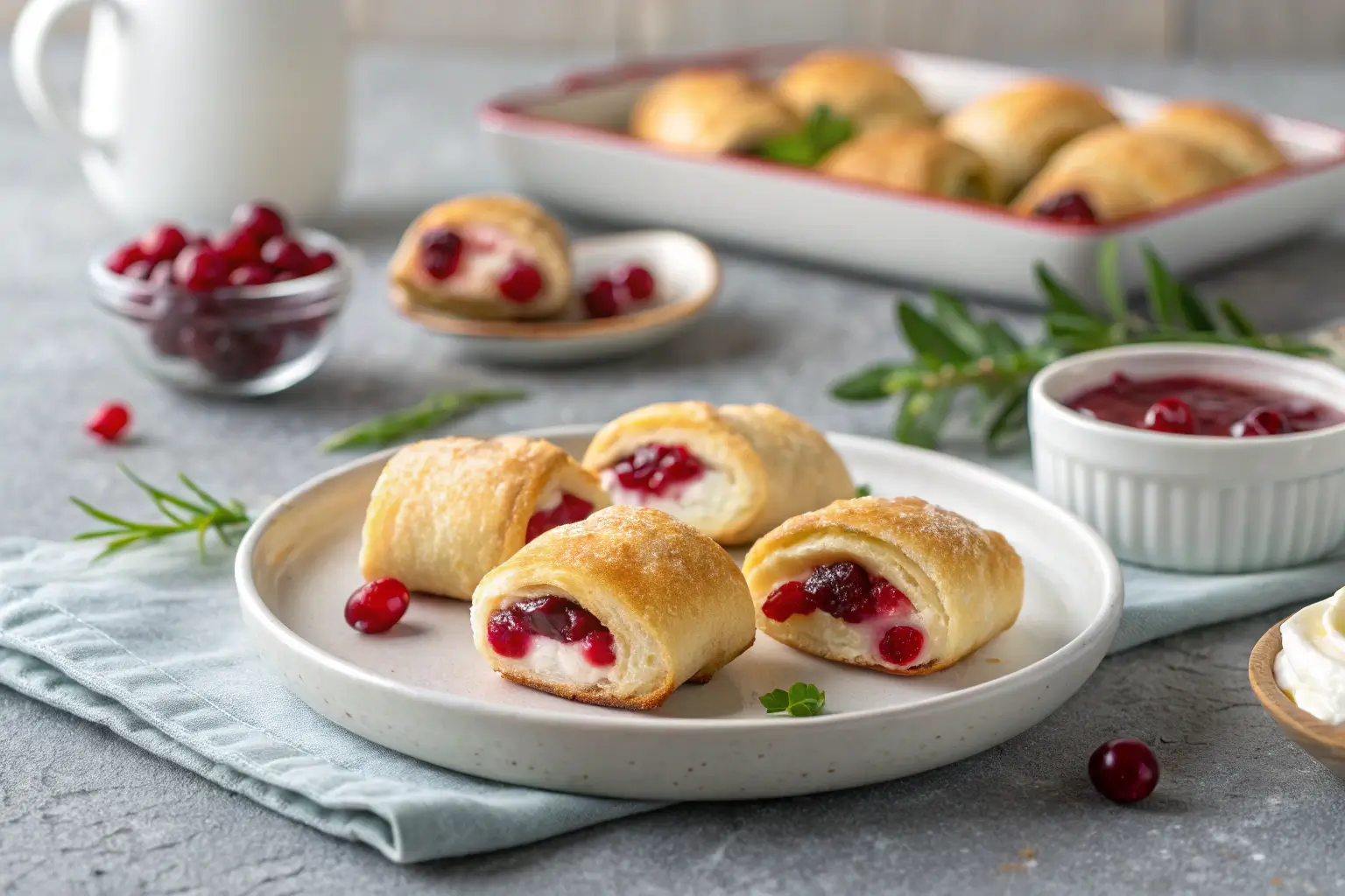 Golden-brown cranberry cream cheese crescent bites on a table.