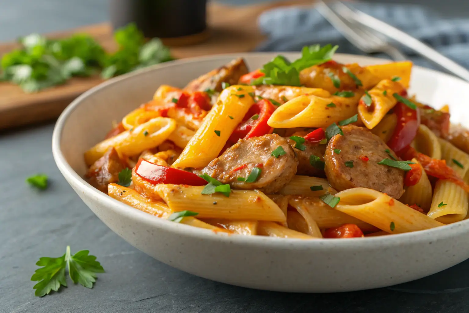 Creamy Cajun sausage pasta with bell peppers and parsley.