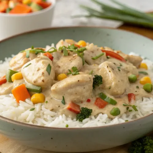 Creamy Crock Pot Ranch Chicken Dinner Recipe 2 Close-up of creamy ranch chicken dinner with rice and vegetables.