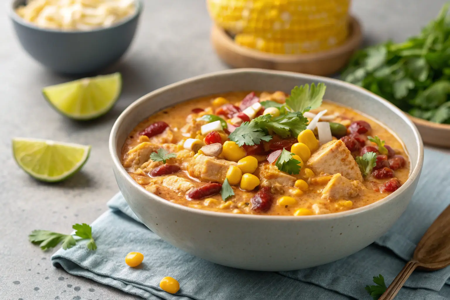 Close-up of Mexican Street Corn Chicken Chili in a bowl.
