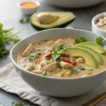 Creamy white bean chicken chili topped with cilantro and avocado.