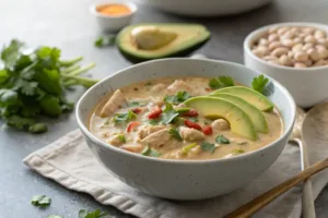 Creamy white bean chicken chili topped with cilantro and avocado.