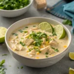 Creamy White Chicken Chili garnished with cilantro and lime.