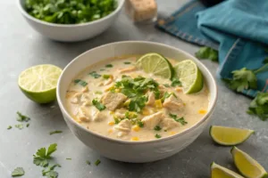 Creamy White Chicken Chili garnished with cilantro and lime.