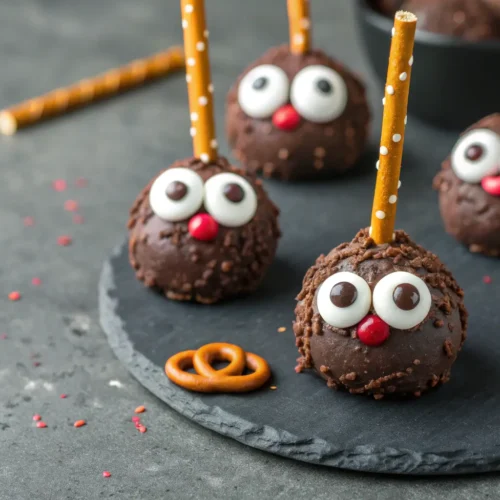 Close-up of Halloween witch snacks with pretzel hats and candy eyes.