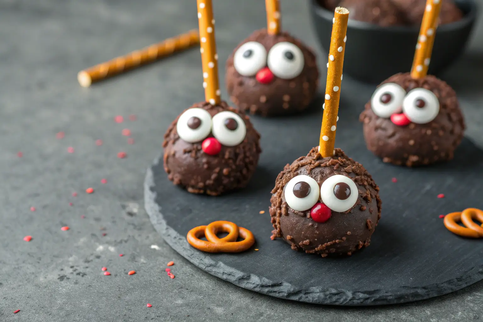 Close-up of Halloween witch snacks with pretzel hats and candy eyes.