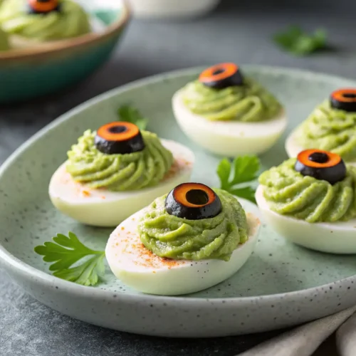 Creepy Deviled Eggs for Halloween 2 Creepy deviled eggs with green filling and olive slices on gray background