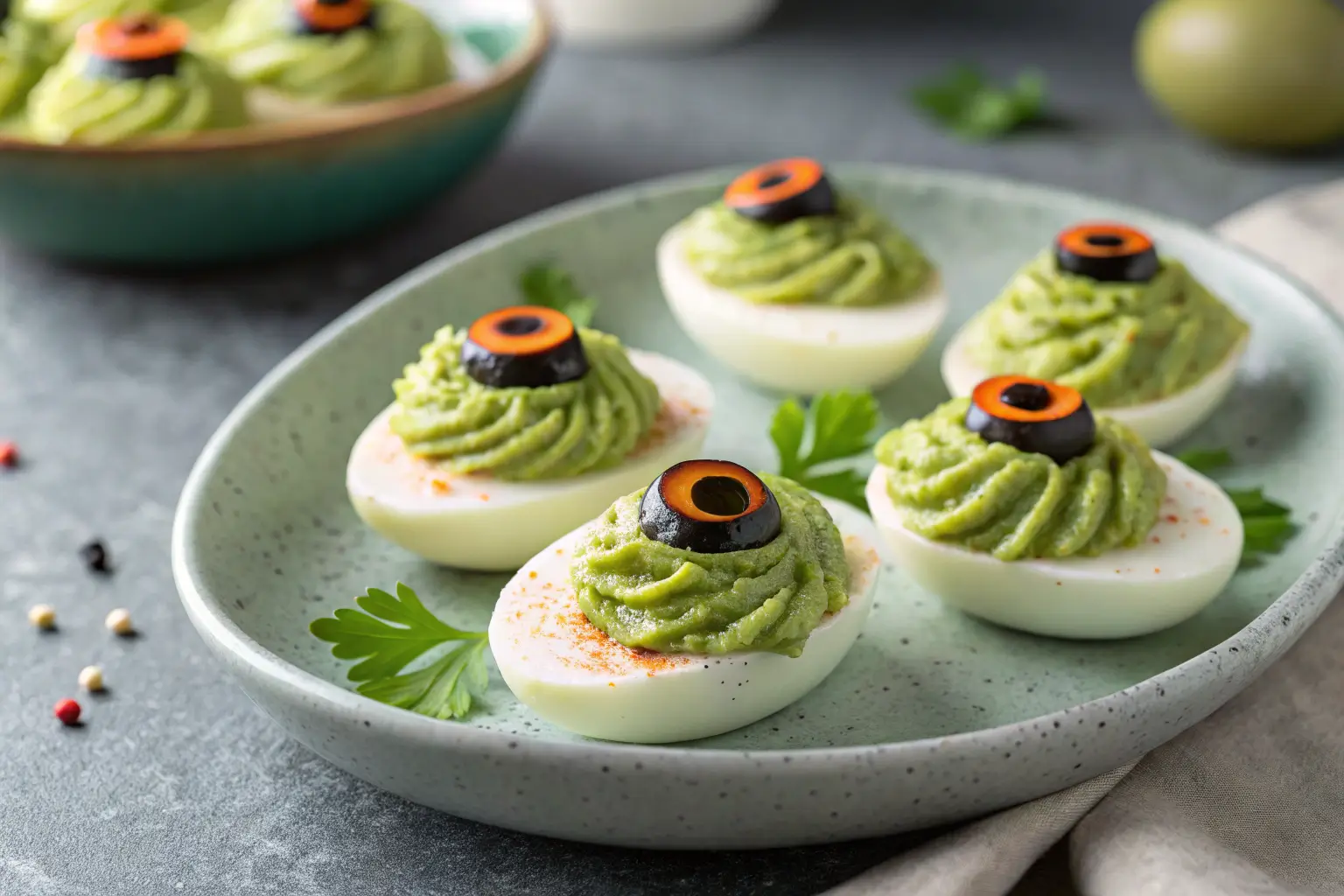 Creepy deviled eggs with green filling and olive slices on gray background