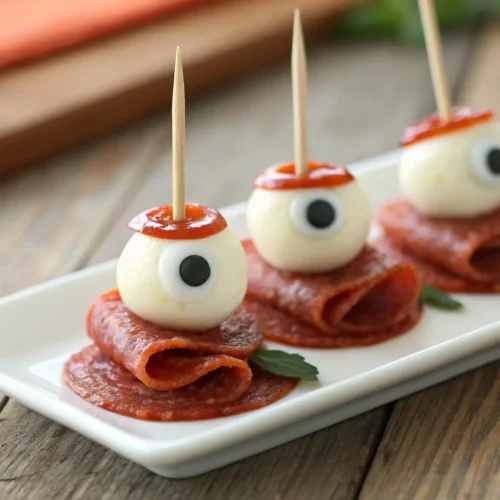 Close-up of Creepy Skewered Salami Eyeballs appetizer