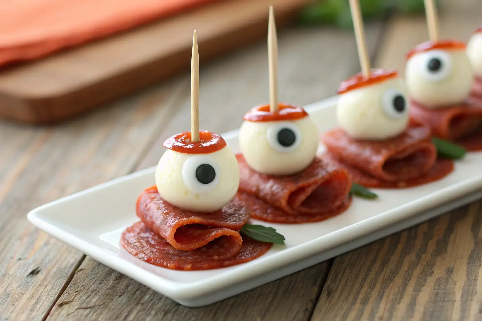 Close-up of Creepy Skewered Salami Eyeballs appetizer