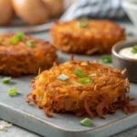Crispy sweet potato hash browns on a gray concrete surface.