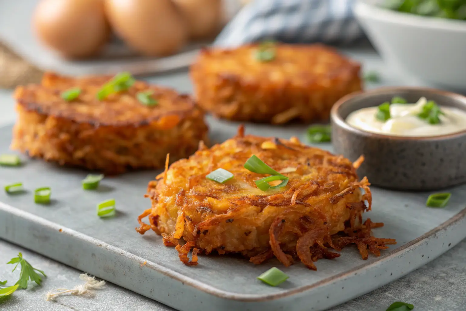 Crispy sweet potato hash browns on a gray concrete surface.