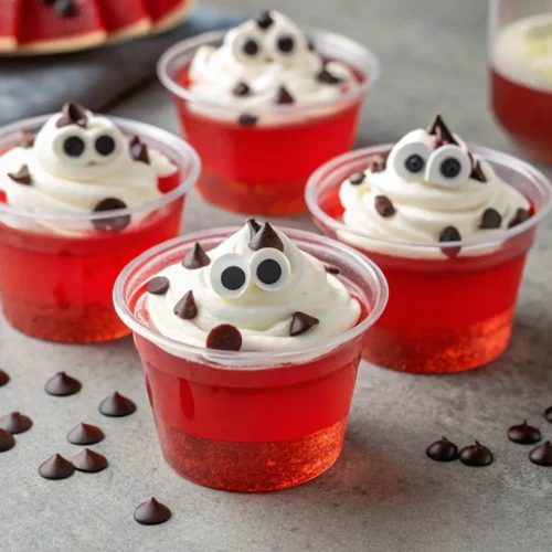 Cute Halloween Eyeball Jello Shots 2 Close-up of Halloween Eyeball Jello Shots in clear cups.