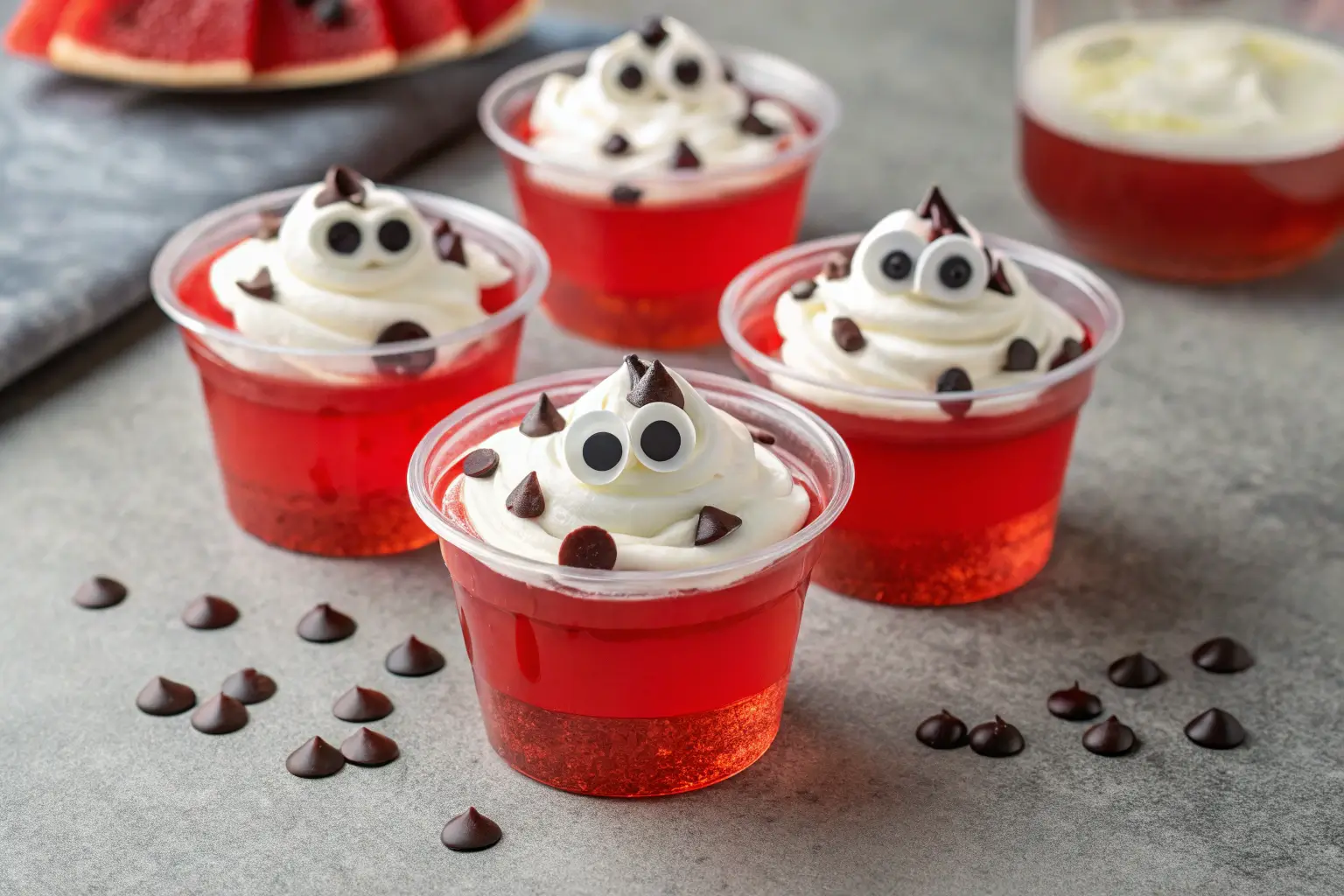 Close-up of Halloween Eyeball Jello Shots in clear cups.