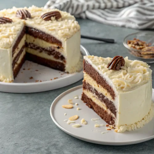 Close-up of a layered White German Chocolate Cake on gray concrete.
