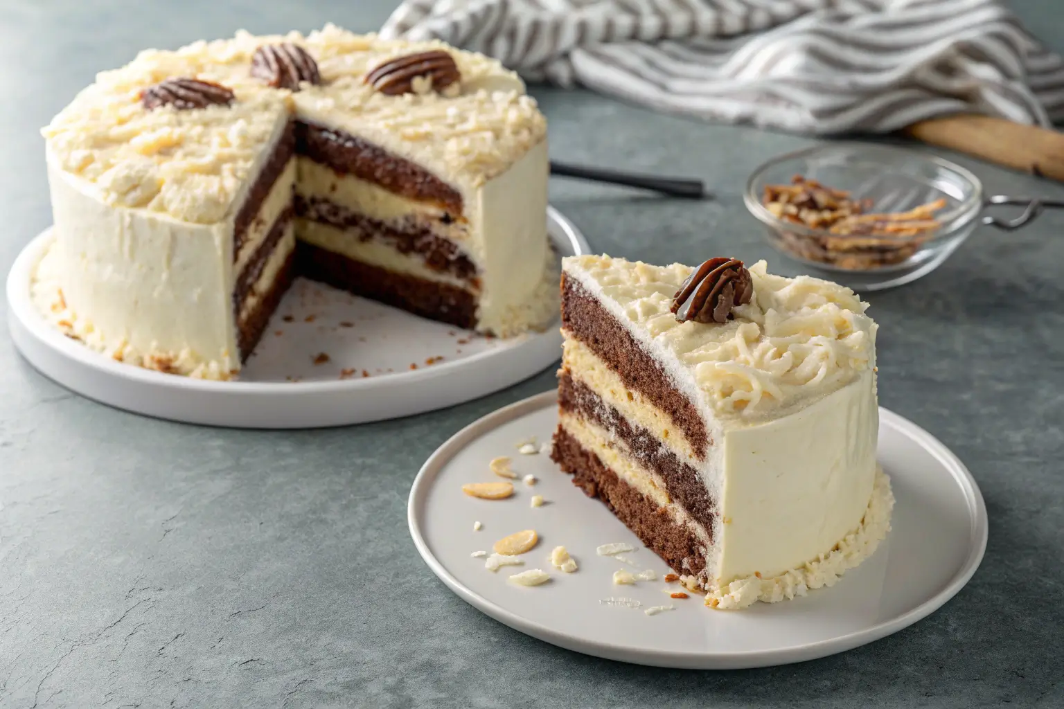 Close-up of a layered White German Chocolate Cake on gray concrete.