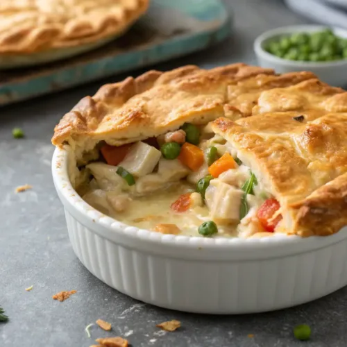 Easy Crockpot Dinners: Chicken Pot Pie 2 Close-up of a Chicken Pot Pie with flaky crust and creamy filling.
