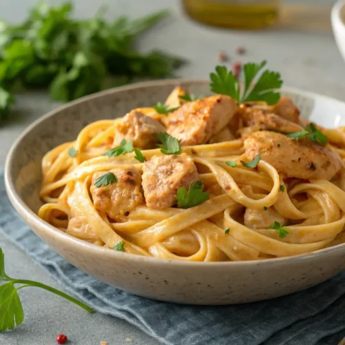 Easy Cowboy Butter Chicken Linguine 2 Close-up of Cowboy Butter Chicken Linguine with parsley garnish.