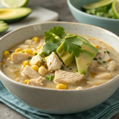 Easy Creamy Crockpot White Chicken Chili 2 Creamy white chicken chili with beans and corn in a bowl