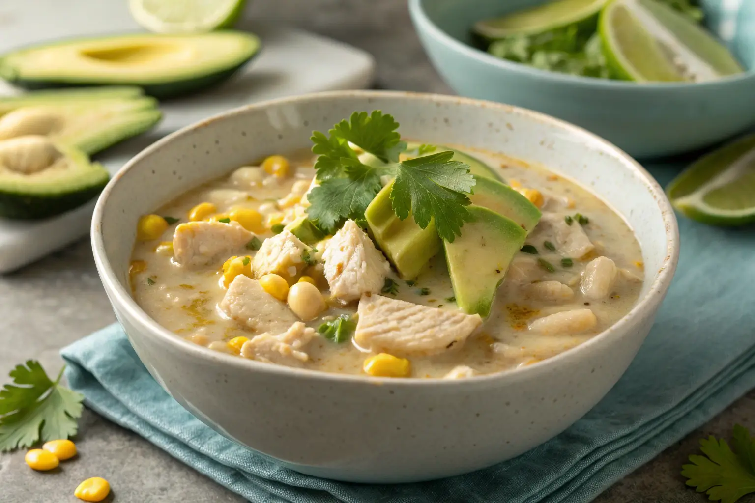 Creamy white chicken chili with beans and corn in a bowl