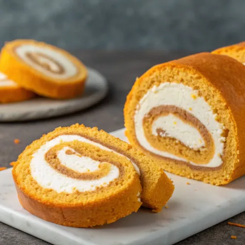 Easy Creamy Pumpkin Roll Cake Recipe 2 Close-up of a sliced pumpkin roll cake with cream cheese filling.