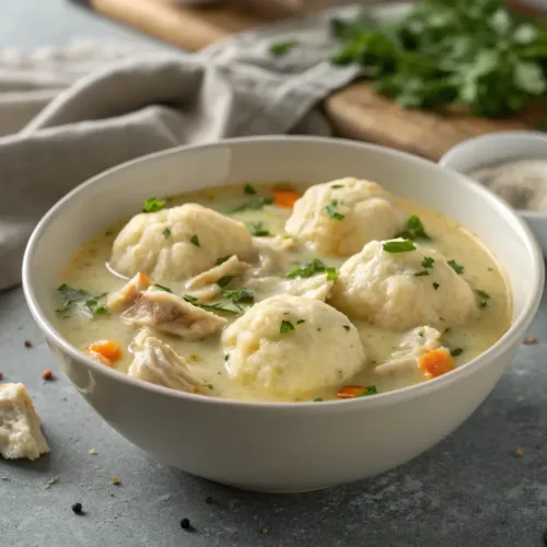 Close-up of chicken and dumplings in creamy broth.