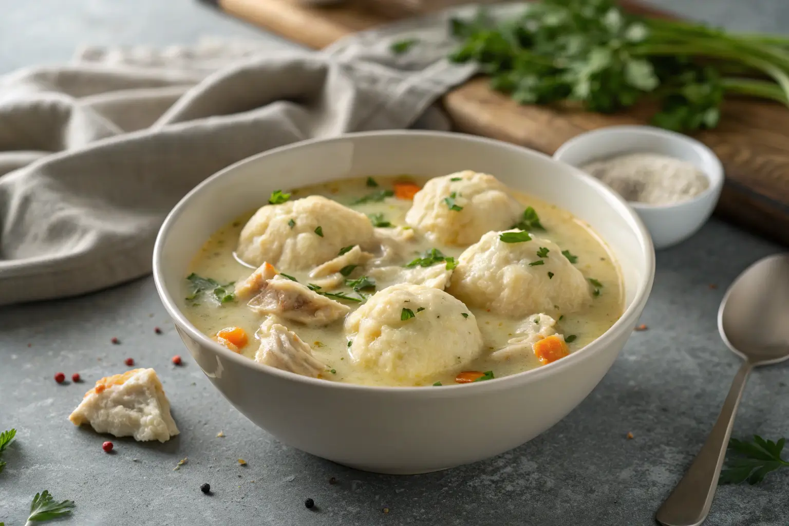 Close-up of chicken and dumplings in creamy broth.