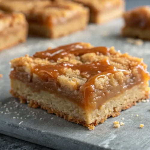 Easy Healthy Apple Recipes: Salted Caramel Bars 2 Close-up of a salted caramel apple bar on a gray tabletop.