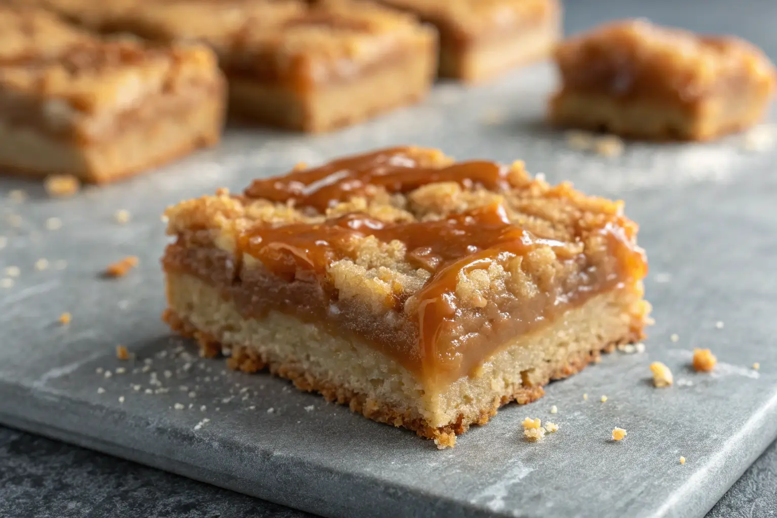 Close-up of a salted caramel apple bar on a gray tabletop.