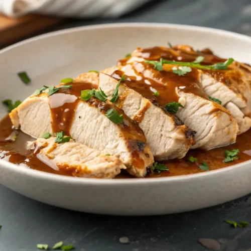 Shredded chicken breasts with gravy on a gray concrete surface
